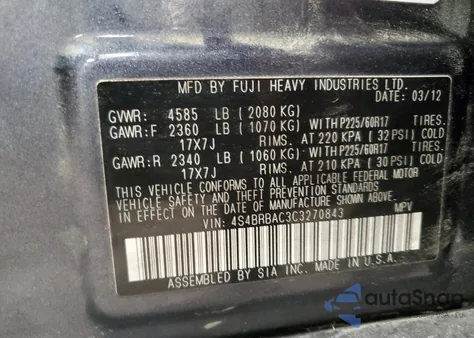 2012 Subaru Outback 2.5I from USA, damaged, VIN 4S4BRBAC3C3270843